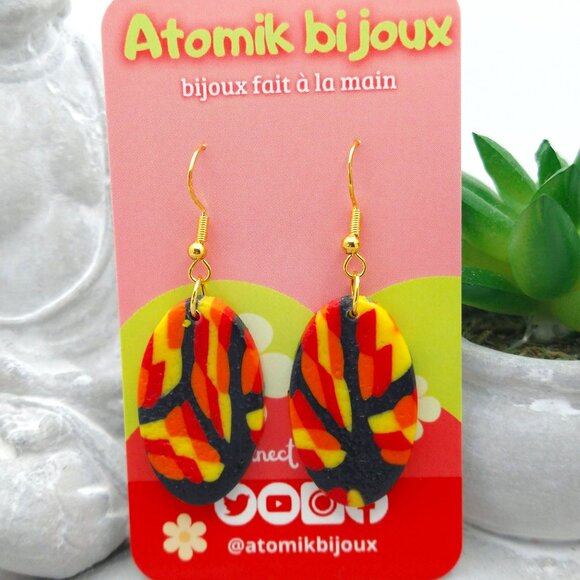 Handmade black, yellow, red and orange polymer clay earrings. Boucles d'oreilles - Picture 1 of 6